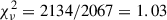Mathematical equation: $ \chi^{2}_{\nu} = 2134/2067 = 1.03 $