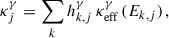 Mathematical equation: $$ \begin{aligned} \kappa _j^\gamma = \sum _k h_{k,j}^\gamma \, \kappa _{\mathrm{eff}\,}^\gamma (E_{k,j}) \,, \end{aligned} $$