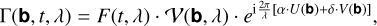 Mathematical equation: $\[\Gamma(\mathbf{b}, t, \lambda)=F(t, \lambda) \cdot \mathcal{V}(\mathbf{b}, \lambda) \cdot e^{\mathrm{i} \frac{2 \pi}{\lambda}[\alpha \cdot U(\mathbf{b})+\delta \cdot V(\mathbf{b})]},\]$