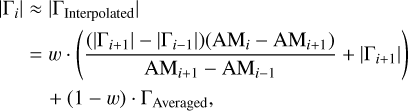 Mathematical equation: $\[\begin{aligned}\left|\Gamma_i\right| \approx & \left|\Gamma_{\text {Interpolated}}\right| \\= & w \cdot\left(\frac{\left(\left|\Gamma_{i+1}\right|-\left|\Gamma_{i-1}\right|\right)\left(\mathrm{AM}_i-\mathrm{AM}_{i+1}\right)}{\mathrm{AM}_{i+1}-\mathrm{AM}_{i-1}}+\left|\Gamma_{i+1}\right|\right) \\& +(1-w) \cdot \Gamma_{\text {Averaged}},\end{aligned}\]$