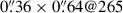 Mathematical equation: $ 0{{\overset{\prime\prime}{.}}}36\times0{{\overset{\prime\prime}{.}}}64@265 $