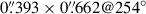 Mathematical equation: $ 0{{\overset{\prime\prime}{.}}}393\times0{{\overset{\prime\prime}{.}}}662@254^{\circ} $