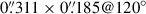 Mathematical equation: $ 0{{\overset{\prime\prime}{.}}}311\times0{{\overset{\prime\prime}{.}}}185@120^{\circ} $