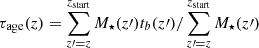 Mathematical equation: $ \tau_{\mathrm{age}}(z) = \sum_{z\prime=z}^{z_{\mathrm{start}}} M_{\star}(z\prime) t_{b}(z\prime) /\sum_{z\prime=z}^{z_{\mathrm{start}}} M_{\star}(z\prime) $