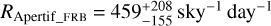 Mathematical equation: ${R_{{\rm{Apertif\_FRB}}}} = 459_{ - 155}^{ + 208}{\rm{sk}}{{\rm{y}}^{ - 1}}{\rm{da}}{{\rm{y}}^{ - 1}}$