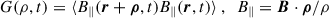 Mathematical equation: $$ \begin{aligned} G(\rho , t) = \langle B_{\parallel }(\boldsymbol{r}+{\boldsymbol{\rho }}, t) B_{\parallel }(\boldsymbol{r}, t) \rangle \ , \ \ B_{\parallel } = \boldsymbol{B} \cdot \boldsymbol{\rho } / \rho \end{aligned} $$