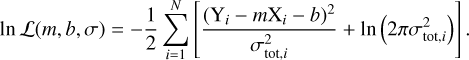 Mathematical equation: $\[\ln \mathcal{L}(m, b, \sigma)=-\frac{1}{2} \sum_{i=1}^N\left[\frac{\left(\mathrm{Y}_i-m \mathrm{X}_i-b\right)^2}{\sigma_{\text {tot }, i}^2}+\ln \left(2 \pi \sigma_{\text {tot }, i}^2\right)\right].\]$