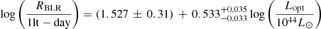 Mathematical equation: $ \mathrm{log}\left(\frac{R\mathrm{_{BLR}}}{\mathrm{1 lt-day}}\right)=(1.527\,\pm\,0.31)\, + \nonumber \,0.533{^{+0.035}_{-0.033}}\, \mathrm{log}\left(\frac{ L_{\mathrm{opt}}}{10^{44}L_\odot}\right) $