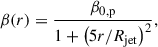 Mathematical equation: $$ \begin{aligned} \beta (r) = \frac{\beta _{\rm 0, p}}{1 + \left(5r / R_{\rm jet} \right)^2}, \end{aligned} $$