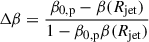 Mathematical equation: $ \Delta\beta = \frac{\beta_{\mathrm{0, p}} - \beta(R_{\mathrm{jet}})}{1 - \beta_{\mathrm{0, p}} \beta(R_{\mathrm{jet}})} $
