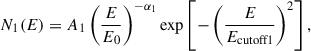 Mathematical equation: $$ \begin{aligned} N_1(E) = A_1\left(\frac{E}{E_0}\right)^{-\alpha _1}\exp \left[-\left(\frac{E}{E_{\rm cutoff1}}\right)^2\right], \end{aligned} $$