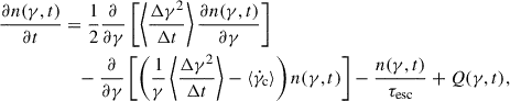Mathematical equation: $$ \begin{aligned} \frac{\partial n(\gamma , t)}{\partial t}&= \frac{1}{2} \frac{\partial }{\partial \gamma }\left[\left\langle \frac{\Delta \gamma ^{2}}{\Delta t}\right\rangle \frac{\partial n(\gamma , t)}{\partial \gamma }\right] \nonumber \\&\quad -\frac{\partial }{\partial \gamma }\left[\left(\frac{1}{\gamma }\left\langle \frac{\Delta \gamma ^{2}}{\Delta t}\right\rangle -\left\langle \dot{\gamma }_{\mathrm{c} }\right\rangle \right) n(\gamma , t)\right]-\frac{n(\gamma , t)}{\tau _{\mathrm{esc} }}+Q(\gamma , t), \end{aligned} $$