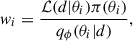 Mathematical equation: $$ \begin{aligned} w_i = \frac{\mathcal{L} (d|\theta _i)\pi (\theta _i)}{q_\phi (\theta _i|d)}, \end{aligned} $$