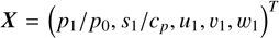 Mathematical equation: $\bm{X} = \left(p_{1}/p_{0}, s_{1}/c_{p}, u_{1}, v_{1}, w_{1}\right)^{T}$