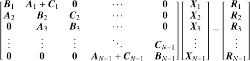 Mathematical equation: \begin{bmatrix} \bm{B}_1 & \bm{A}_1+\bm{C}_1 & \bm{0} & \cdots & \bm{0} \\ \bm{A}_2 & \bm{B}_2 & \bm{C}_2 & \cdots & \bm{0} \\ \bm{0} & \bm{A}_3 & \bm{B}_3 & \cdots & \bm{0} \\ \vdots & \vdots & \vdots & \ddots & \bm{C}_{N-1} \\ \bm{0} & \bm{0} & \bm{0} & \bm{A}_{N-1} + \bm{C}_{N-1} & \bm{B}_{N-1} \end{bmatrix} \begin{bmatrix} \bm{X}_1 \\ \bm{X}_2 \\ \bm{X}_3 \\ \vdots \\ \bm{X}_{N-1} \end{bmatrix} = \begin{bmatrix} \bm{R}_1 \\ \bm{R}_2 \\ \bm{R}_3 \\ \vdots \\ \bm{R}_{N-1} \end{bmatrix}