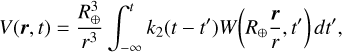 Mathematical equation: V(\vect{r},t)=\frac{\Rearth^3}{r^3}\int_{-\infty}^{t}k_2(t-t')W\!\left(\Rearth\frac{\vect{r}}{r},t'\right)dt',
