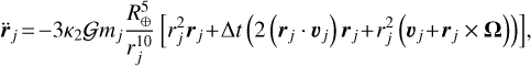 Mathematical equation: \ddot{\vect{r}}_j\!=\!-3\kappa_2\G m_j\frac{\Rearth^5}{r_j^{10}}\left[r_j^2\vect{r}_j\!+\!\Delta t\left(2\left(\vect{r}_j\cdot\vect{v}_j\right)\vect{r}_j\!+\!r_j^2\left(\vect{v}_j\!+\!\vect{r}_j\times\vect{\Omega}\right)\right)\right]\!,