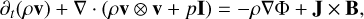 Mathematical equation: ${\partial _t}\left( {\rho {\bf{v}}} \right) + \nabla \cdot \left( {\rho {\bf{v}} \otimes {\bf{v}} + p{\bf{I}}} \right) = - \rho \nabla \Phi + {\bf{J}} \times {\bf{B}},$