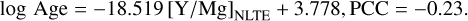 Mathematical equation: $\log {\rm{Age}} = - 18.519{[{\rm{Y}}/{\rm{Mg}}]_{{\rm{NLTE}}}} + 3.778,{\rm{PCC}} = - 0.23.$