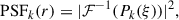 Mathematical equation: $$ \begin{aligned} \text{ PSF}_k(r) = |\mathcal{F} ^{-1}(P_k(\xi ))|^2, \end{aligned} $$