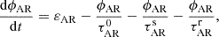 Mathematical equation: $$ \begin{aligned}&\frac{\mathrm{d} \phi _\mathrm{AR} }{\mathrm{d} t}= \varepsilon _\mathrm{AR} - \frac{\phi _\mathrm{AR} }{\tau _\mathrm{AR} ^\mathrm{0} } - \frac{\phi _\mathrm{AR} }{\tau _\mathrm{AR} ^\mathrm{s} } - \frac{\phi _\mathrm{AR} }{\tau _\mathrm{AR} ^\mathrm{r} },\end{aligned} $$