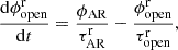 Mathematical equation: $$ \begin{aligned}&\frac{\mathrm{d} \phi _\mathrm{open} ^\mathrm{r} }{\mathrm{d} t}= \frac{\phi _\mathrm{AR} }{\tau _\mathrm{AR} ^\mathrm{r} } - \frac{\phi _\mathrm{open} ^\mathrm{r} }{\tau _\mathrm{open} ^\mathrm{r} },\end{aligned} $$