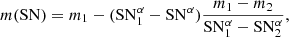Mathematical equation: $$ \begin{aligned} m(\mathrm{SN} ) = m_\mathrm{1} - ( \mathrm{SN} _\mathrm{1} ^\alpha - \mathrm{SN} ^\alpha ) \frac{ m_\mathrm{1} - m_\mathrm{2} }{\mathrm{SN} _\mathrm{1} ^\alpha - \mathrm{SN} _\mathrm{2} ^\alpha }, \end{aligned} $$