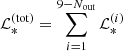 Mathematical equation: $ \mathcal{L}_{*}^\mathrm{{(tot)}} = \sum_{i=1}^{9-N_\mathrm{{out}}} \mathcal{L}_{*}^{(i)} $