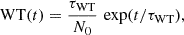 Mathematical equation: $$ \begin{aligned} {\mathrm{WT} }(t)&= \frac{\tau _{\mathrm{WT} }}{N_0}\,\exp (t/\tau _{\mathrm{WT} }), \end{aligned} $$