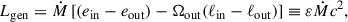 Mathematical equation: $$ \begin{aligned} L_{\rm gen}=\dot{M}\,[(e_{\rm in}-e_{\rm out}) -\Omega _{\rm out}(\ell _{\rm in}-\ell _{\rm out})] \equiv \varepsilon \dot{M} c^2, \end{aligned} $$