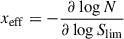 Mathematical equation: $$ \begin{aligned} x_{\rm eff}=-\frac{\partial \log N}{\partial \log {S_{\rm lim}}} \end{aligned} $$