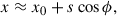 Mathematical equation: $$ \begin{aligned}&x \approx x_{0}+s\cos {\phi }, \end{aligned} $$