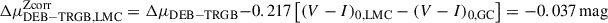 Mathematical equation: $ \Delta \mu_{\mathrm{DEB-TRGB,LMC}}^{\mathrm{Zcorr}} = \Delta \mu_{\mathrm{DEB-TRGB}} - 0.217\left[(V-I)_{0,\mathrm{LMC}}-(V-I)_{0,\mathrm{GC}}\right] = -0.037\, \mathrm{mag} $