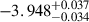 Mathematical equation: $ -3.948 ^{+0.037}_{-0.034} $