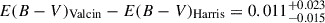 Mathematical equation: $ E(B-V)_{\mathrm{Valcin}} - E(B-V)_{\mathrm{Harris}} = 0.011_{-0.015}^{+0.023} $