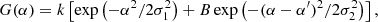 Mathematical equation: $$ \begin{aligned} G(\alpha ) = k \left[ \exp \left(-\alpha ^{2}/2\sigma _{1}^{2}\right) + B \exp \left(-(\alpha -\alpha ^{\prime })^{2}/2\sigma _{2}^{2}\right) \right], \end{aligned} $$