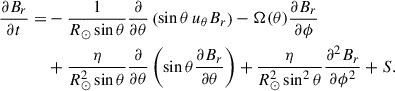 Mathematical equation: $$ \begin{aligned} \begin{aligned} \frac{\partial B_r}{\partial t} =&-\frac{1}{R_{\odot } \sin \theta } \frac{\partial }{\partial \theta } \left(\sin \theta \, u_{\theta } B_r\right) - \Omega (\theta ) \frac{\partial B_r}{\partial \phi } \\&+ \frac{\eta }{R_{\odot }^2 \sin \theta } \frac{\partial }{\partial \theta } \left(\sin \theta \frac{\partial B_r}{\partial \theta }\right) + \frac{\eta }{R_{\odot }^2 \sin ^2 \theta } \frac{\partial ^2 B_r}{\partial \phi ^2} + S. \end{aligned} \end{aligned} $$