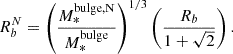 Mathematical equation: $$ \begin{aligned}&R_b^{N} = \left(\frac{M_*^\mathrm{bulge,N}}{M_*^\mathrm{bulge}}\right)^{1/3} \left(\frac{R_b}{1+\sqrt{2}}\right). \end{aligned} $$