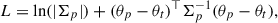 Mathematical equation: $$ \begin{aligned} L = \ln (|\Sigma _p|) + (\theta _p - \theta _t)^\top \Sigma _p^{-1} (\theta _p - \theta _t) ,\end{aligned} $$