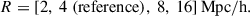 Mathematical equation: $$ \begin{aligned} R=[2,\ 4\ \mathrm{(reference)},\ 8,\ 16]\,\mathrm{Mpc/h} .\end{aligned} $$