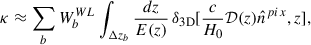 Mathematical equation: $$ \begin{aligned} \kappa \approx \sum _{b} W^{WL}_{b} \int _{\Delta z_b} \frac{dz}{E(z)} \, \delta _{3\mathrm{D}} [ \frac{c}{H_0} \mathcal{D} (z) \hat{n}^{pix},z] , \end{aligned} $$