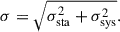 Mathematical equation: $$ \begin{aligned} \sigma = \sqrt{\sigma _{\rm sta}^2+\sigma _{\rm sys}^2}. \end{aligned} $$