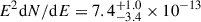 Mathematical equation: $ E^2 \mathrm{d}N/\mathrm{d}E=7.4^{+1.0}_{-3.4}\times10^{-13} $