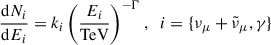 Mathematical equation: $$ \begin{aligned} \frac{\mathrm{d}N_{i}}{\mathrm{d}E_i}=k_{i} \left(\frac{E_{i}}{\mathrm{TeV}}\right)^{-\Gamma }, \; \; i=\{\nu _{\mu }+\tilde{\nu }_{\mu }, \gamma \} \end{aligned} $$