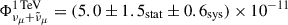 Mathematical equation: $ \Phi^{1\,\mathrm{TeV}}_{\nu_{\mu}+\tilde{\nu}_{\mu}}=(5.0\pm1.5_{\mathrm{stat}} \pm0.6_{\mathrm{sys}})\times10^{-11} $