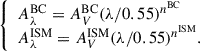 Mathematical equation: $$ \begin{aligned} {\left\{ \begin{array}{ll} A_\lambda ^{\mathrm{BC} }=A_V^{\mathrm{BC} }(\lambda /0.55)^{n^{\mathrm{BC} }}\\ A_\lambda ^{\mathrm{ISM} }=A_V^{\mathrm{ISM} }(\lambda /0.55)^{n^{\mathrm{ISM} }}. \end{array}\right.} \end{aligned} $$