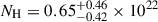 Mathematical equation: $ {N}_{\mathrm{H}} = 0.65^{+0.46}_{-0.42} \times 10^{22} $