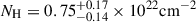 Mathematical equation: $ {N}_{\mathrm{H}} = 0.75^{+0.17}_{-0.14}\times 10^{22}\mathrm{cm}^{-2} $