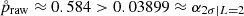 Mathematical equation: $ \mathring{p}_{\mathrm{raw}}\approx0.584 > 0.03899\approx\alpha_{2\sigma|L = 2} $