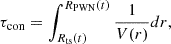 Mathematical equation: $$ \begin{aligned} \tau _{\rm con} = \int _{R_{\rm ts}(t)}^{R_{\rm PWN}(t)} \frac{1}{V(r)} dr, \end{aligned} $$